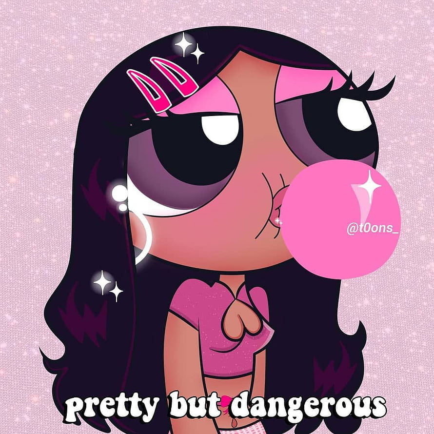 Cartoon Girl Blowing Pink Bubblegum With Dark Hair And Sparkles HD phone wallpaper