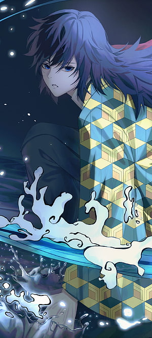 Demon Slayer Anime Character in Geometric Patterned Haori with Water Effects HD phone wallpaper