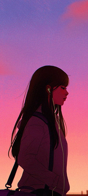 Anime Girl in Profile with Earphones Against a Vibrant Sunset Sky HD phone wallpaper