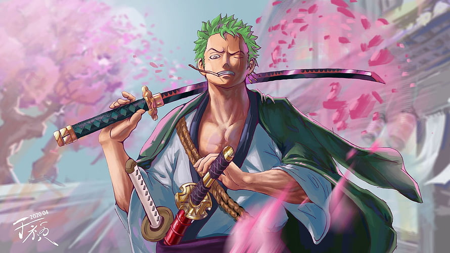 Roronoa Zoro Wielding Swords Under Falling Cherry Blossoms Anime Wallpaper HD wallpaper