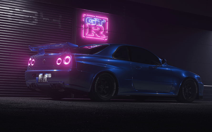 Blue Nissan Skyline GT-R R34 with Neon Sign in Dark Urban Setting HD wallpaper