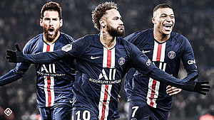 PSG Trio Messi Neymar Mbappe Celebrating in Dark Blue Home Kits HD wallpaper