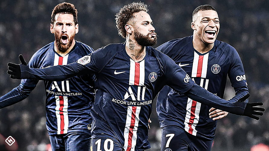 PSG Trio Messi Neymar Mbappe Celebrating in Dark Blue Home Kits HD wallpaper