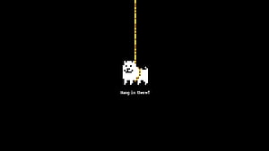Minimalist Pixel Art of a Small White Dog Hanging from a Yellow Rope on a Black Background HD wallpaper