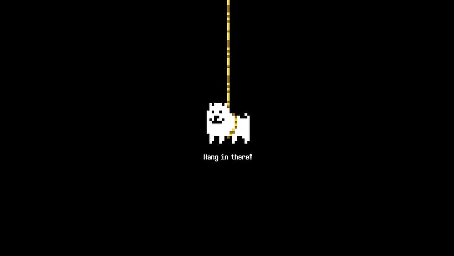 Minimalist Pixel Art of a Small White Dog Hanging from a Yellow Rope on a Black Background HD wallpaper