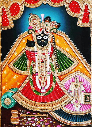 Banke Bihari Krishna Devotional Painting with Ornate Jewelry and Floral Garland HD phone wallpaper