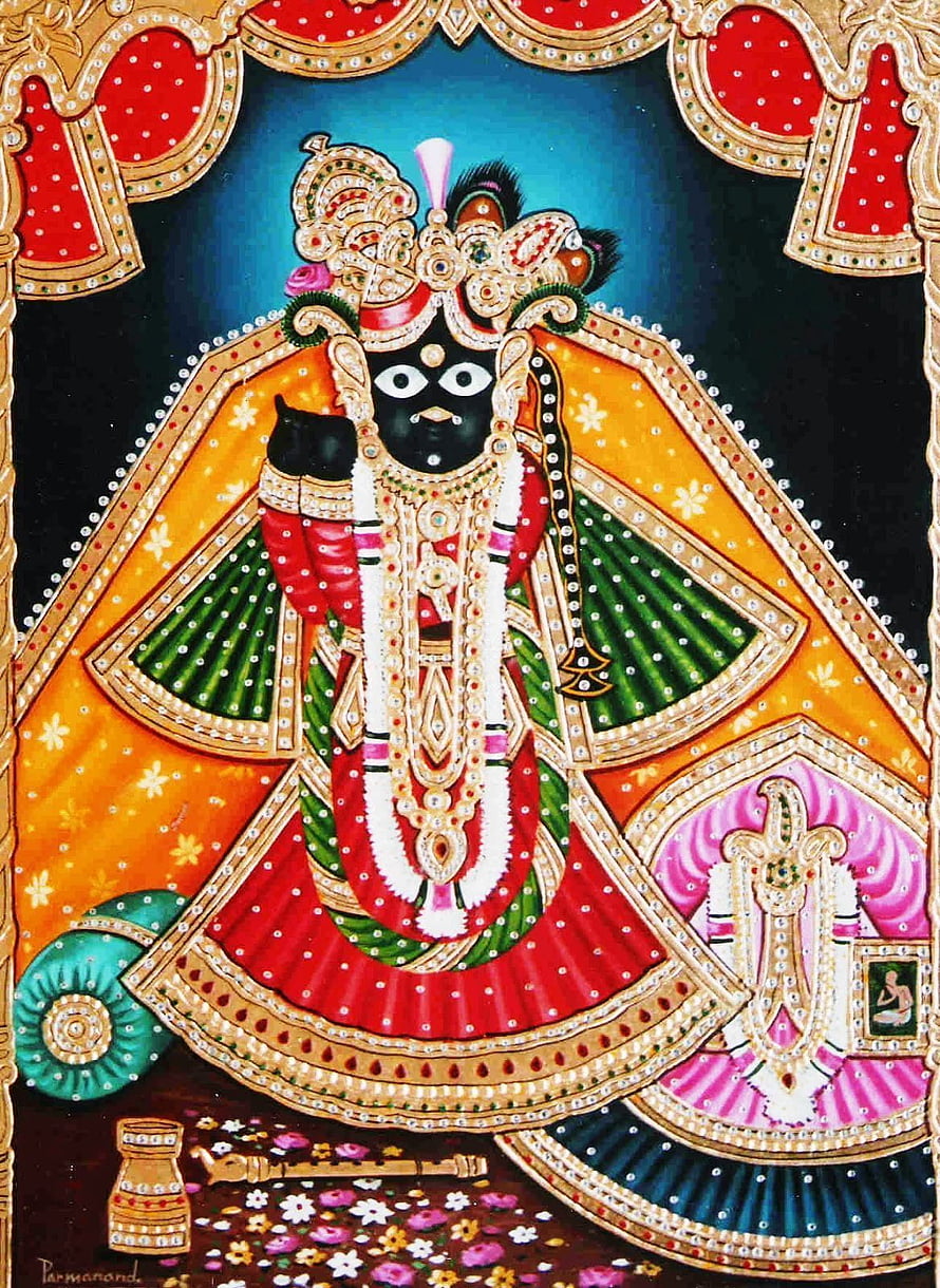 Banke Bihari Krishna Devotional Painting with Ornate Jewelry and Floral Garland HD phone wallpaper