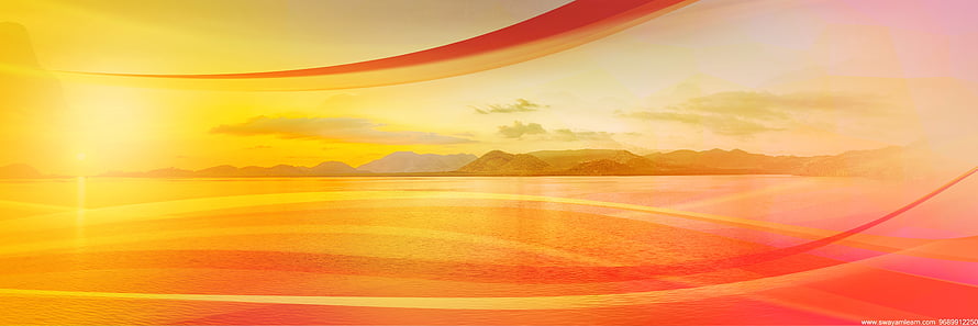 Warm Golden Sunset Over Calm Water With Flowing Red and Orange Abstract Ribbons HD wallpaper
