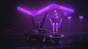 Classic muscle car parked at a neon-lit gas station under a dark night sky HD wallpaper