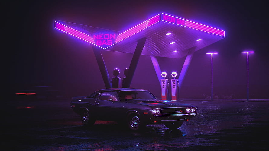 Classic muscle car parked at a neon-lit gas station under a dark night sky HD wallpaper
