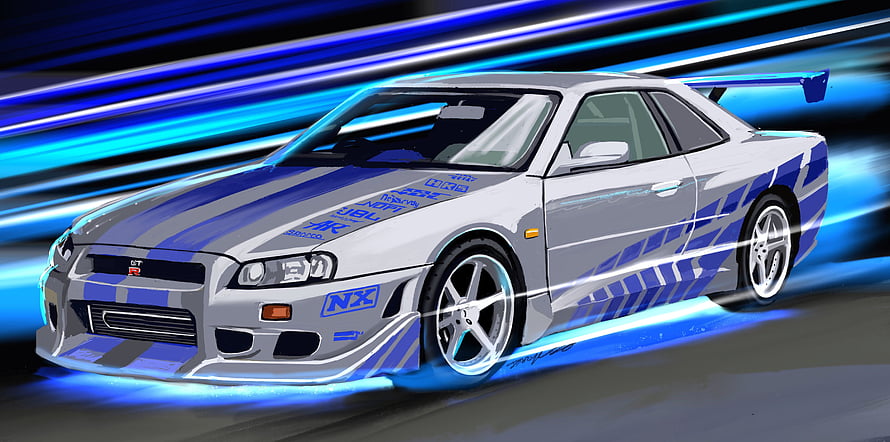 Nissan Skyline GT-R R34 digital art with blue racing stripes and speed lines HD wallpaper