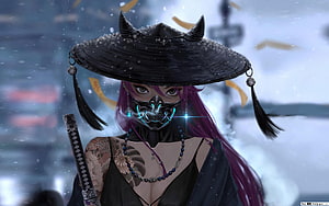 Anime Samurai Girl With Purple Hair, Glowing Mask, And Katana In Snowy Night HD wallpaper