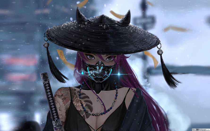 Anime Samurai Girl With Purple Hair, Glowing Mask, And Katana In Snowy Night HD wallpaper