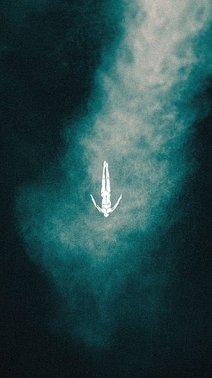 Minimalist White Human Figure Floating in Dark Teal Abstract Mist, Afterlife, techno HD phone wallpaper