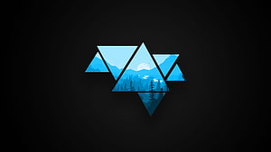 Geometric Mountain Landscape Vector Art with Blue Triangles and Pine Forest HD wallpaper