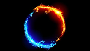 Fire and Ice Dragon Circle: Elemental Clash on Black Background HD wallpaper