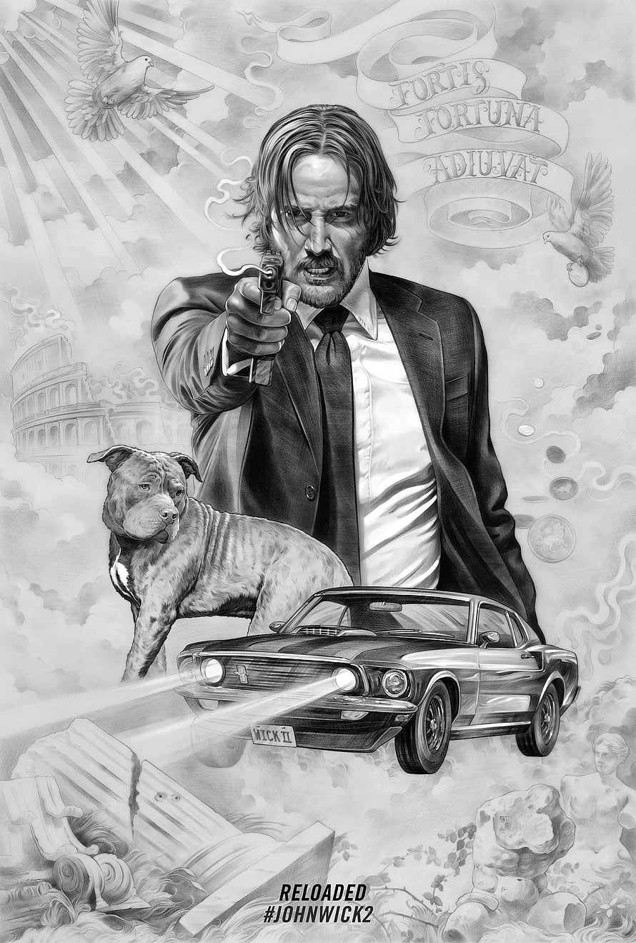 John Wick 2 Reloaded Pencil Art with Mustang and Dog HD phone wallpaper