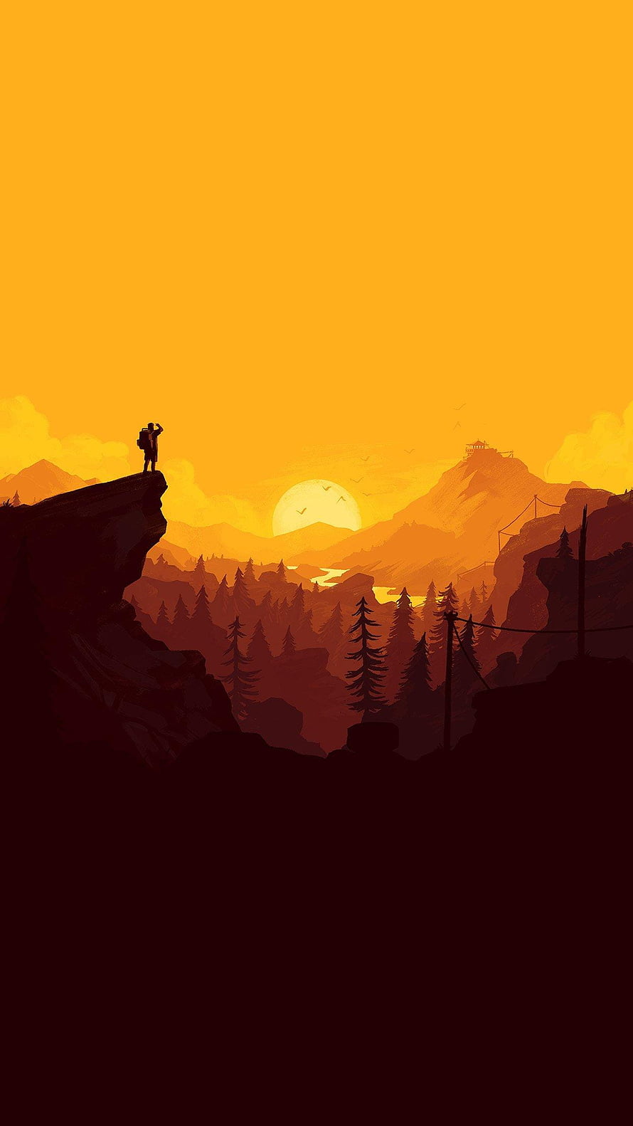 Silhouette of a Hiker Standing on a Cliff Edge Overlooking a Golden Sunset Valley with Pine Trees and Mountains HD phone wallpaper
