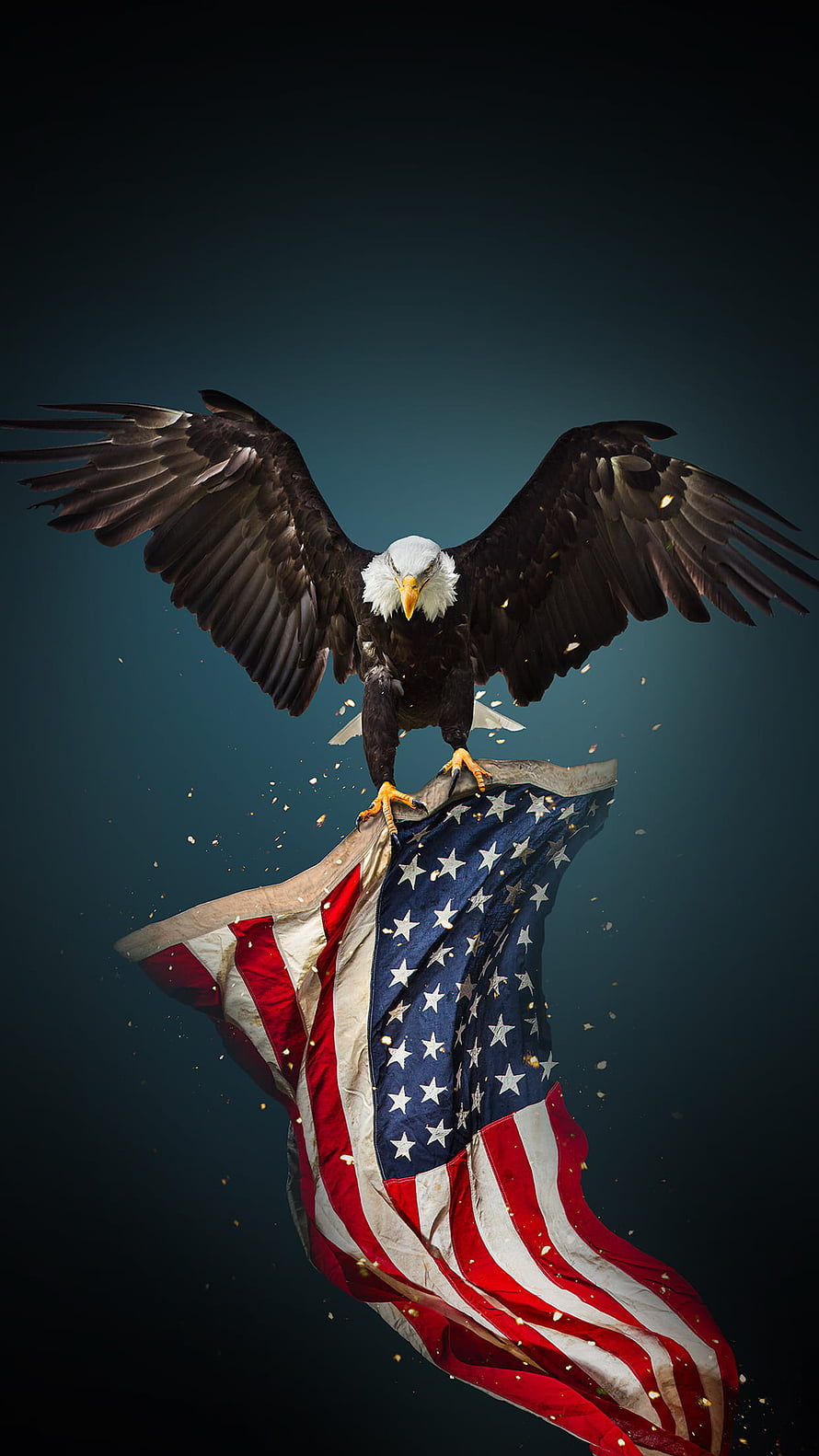 Majestic Bald Eagle Soaring With American Flag Against Dark Sky HD phone wallpaper