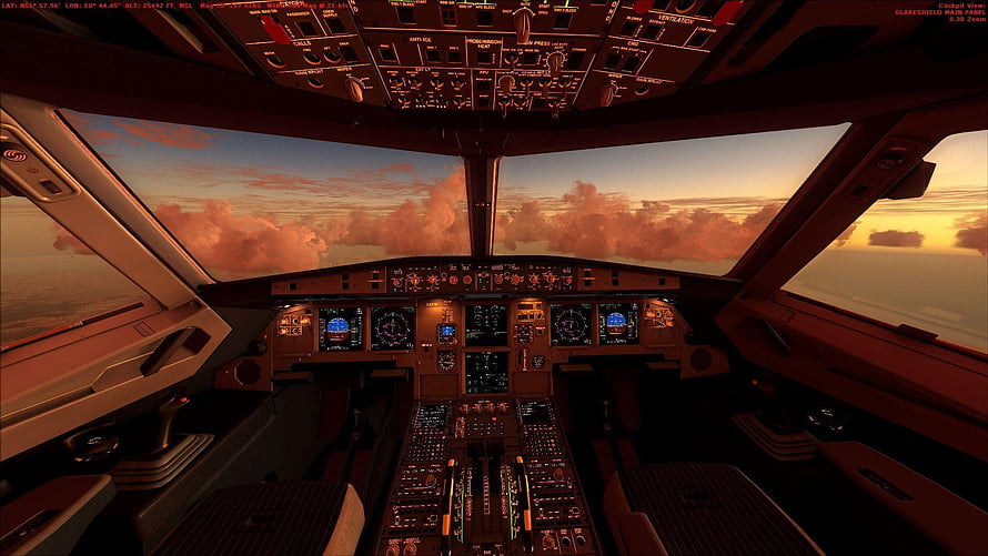 Airplane Cockpit View at Sunset with Glowing Instrument Panels and Clouds HD wallpaper