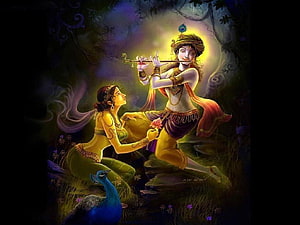 Krishna Playing Flute For Radha In Enchanted Forest With Peacock HD wallpaper