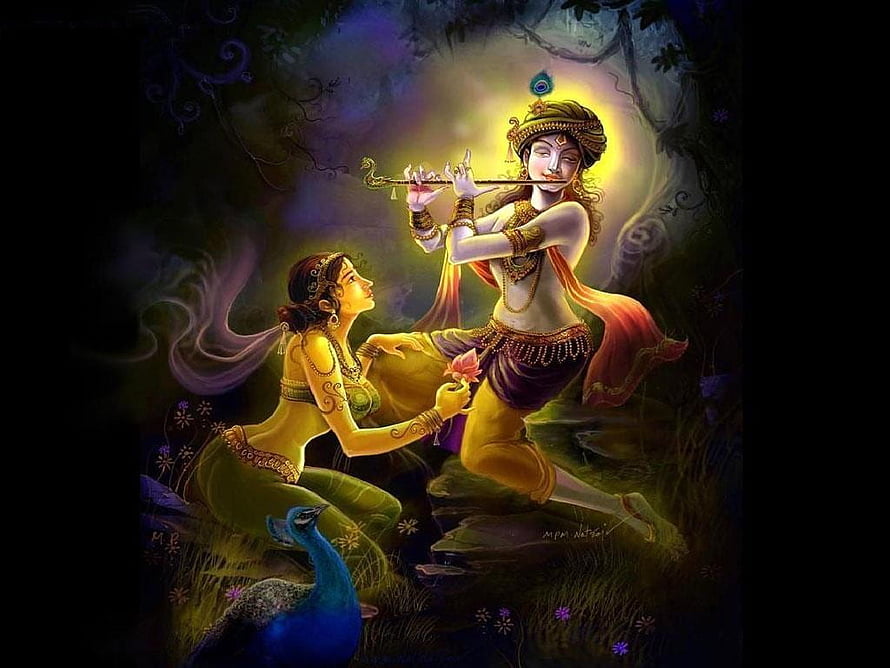Lord Krishna Playing Flute with Radha and Peacock in Mystical Forest HD wallpaper