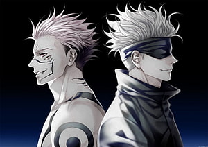 Gojo Satoru and Sukuna Ryomen anime characters back to back profile illustration HD wallpaper