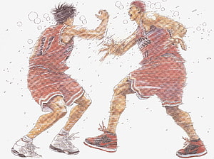 Slam Dunk Anime Illustration of Sakuragi Hanamichi in Intense Basketball Action HD wallpaper