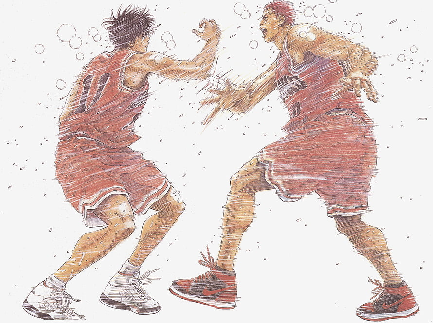 Slam Dunk Anime Illustration of Sakuragi Hanamichi in Intense Basketball Action HD wallpaper