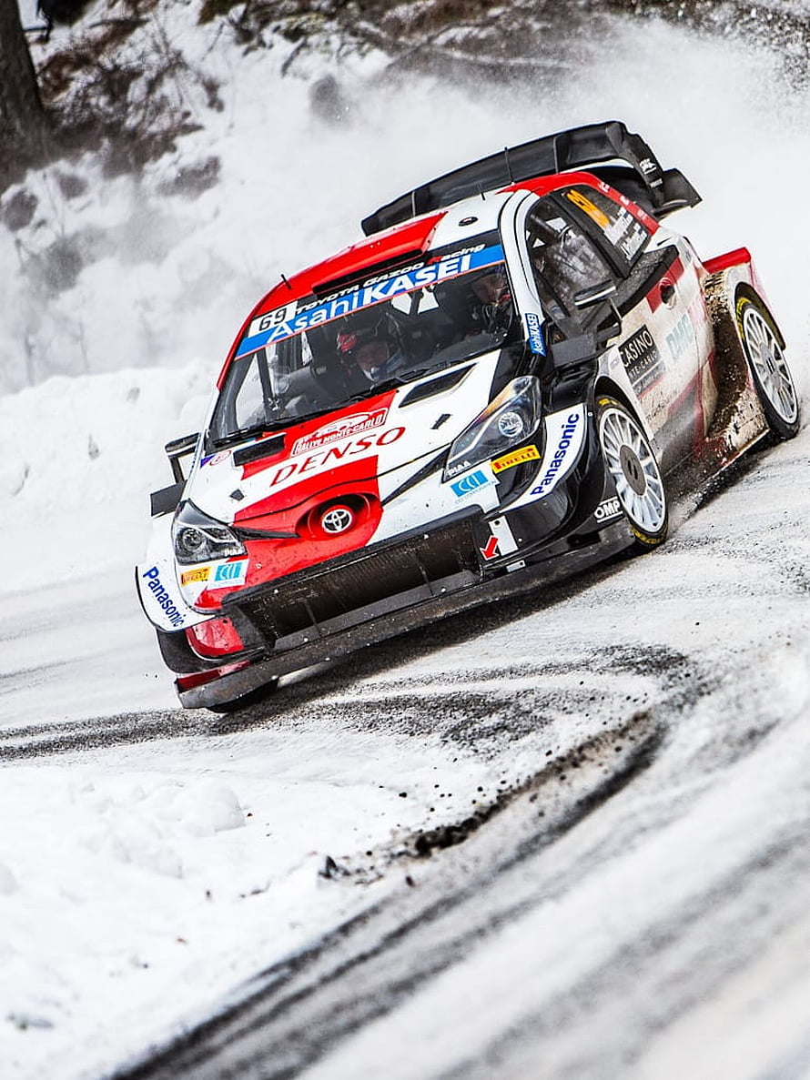 Toyota Gazoo Racing Yaris WRC drifting through snow at Rally Monte Carlo HD phone wallpaper