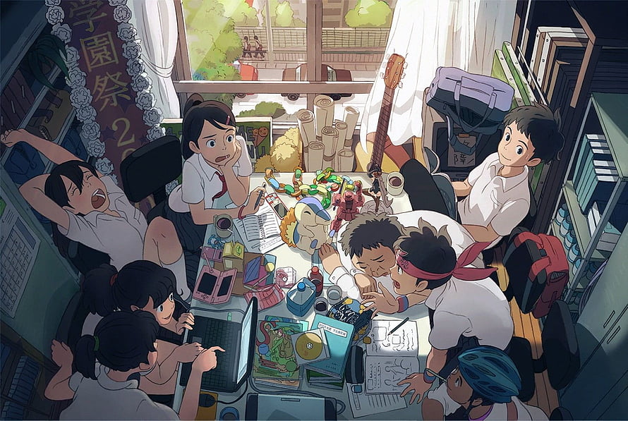 Anime Students Collaborating on Creative Projects in a Cluttered Classroom HD wallpaper