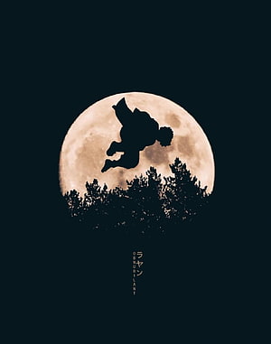 Demon Slayer Zenitsu Silhouette Leaping Against a Full Moon Over Dark Forest Canopy HD phone wallpaper