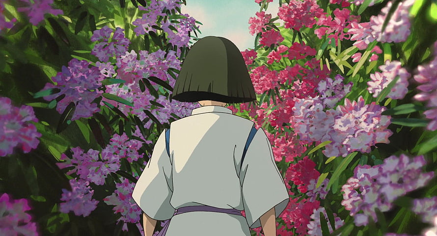 Spirited Away Anime Girl Walking Through Vibrant Rhododendron Garden HD wallpaper