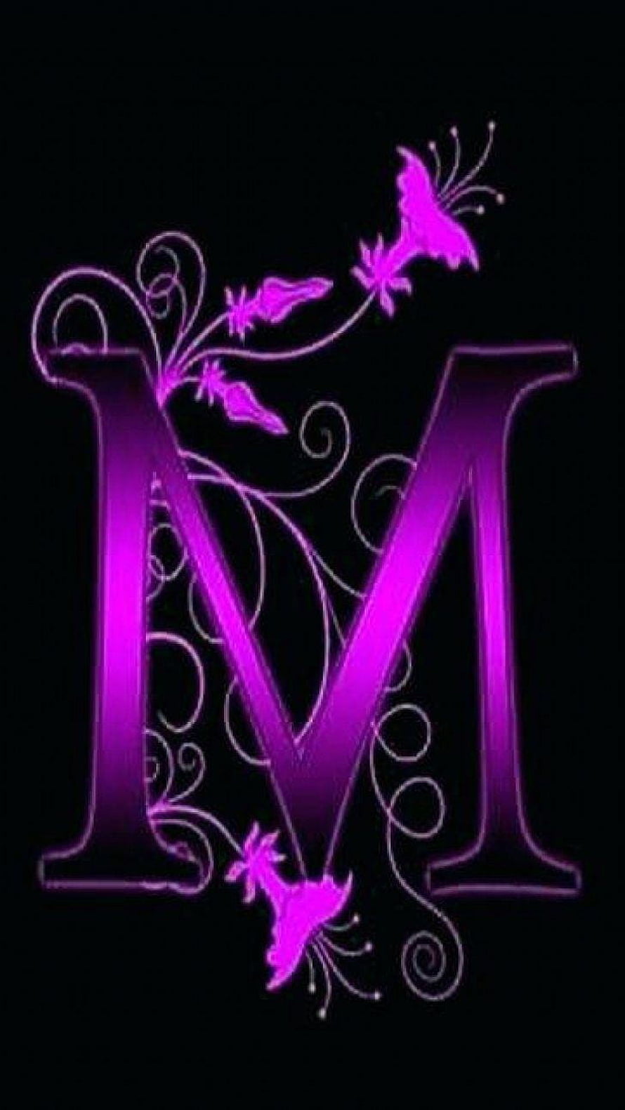 Glowing Purple Letter M with Butterfly and Floral Vine Ornament on Black Background HD phone wallpaper