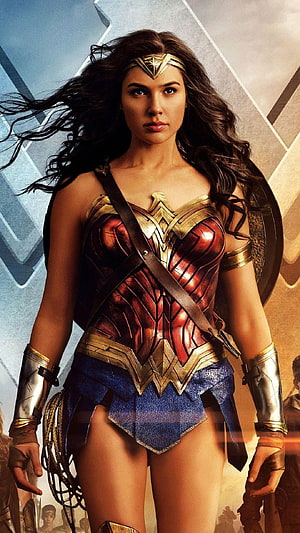 Wonder Woman Gal Gadot in Red and Gold Armor with Shield and Tiara, Wonder Woman Gal Gadot, gal gadot 2018 HD phone wallpaper