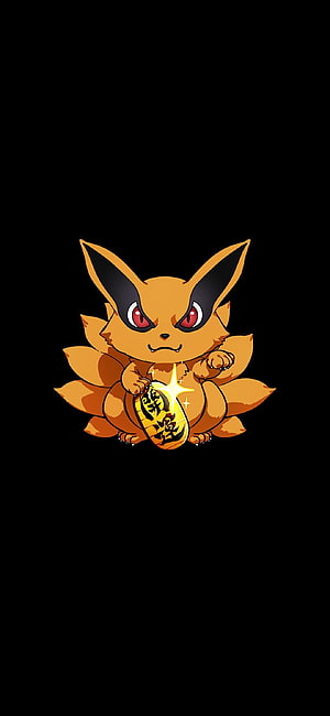 Cute Kurama Nine-Tailed Fox Holding Lucky Coin on Black Background HD phone wallpaper
