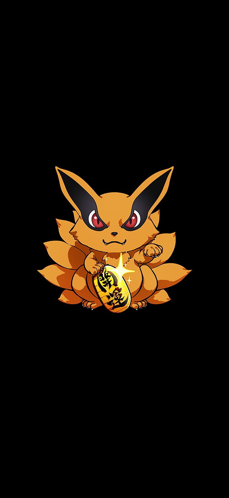 Cute Kurama Nine-Tailed Fox Holding Lucky Coin on Black Background HD phone wallpaper