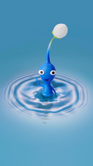 Blue Pikmin Character Standing in Water Ripples with White Flower Bud HD phone wallpaper