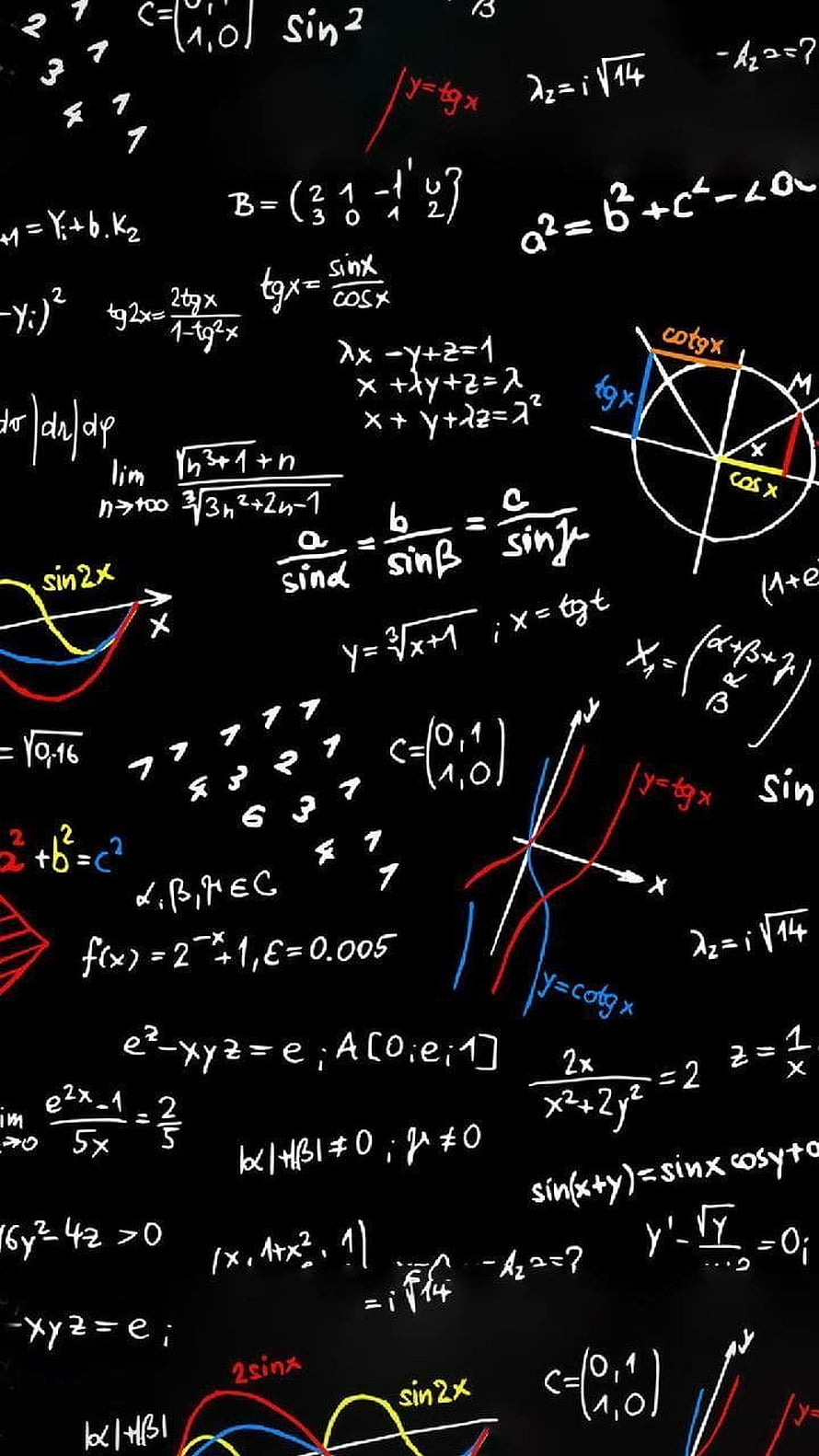 Colorful Mathematical Equations and Trigonometric Graphs on Black Background HD phone wallpaper