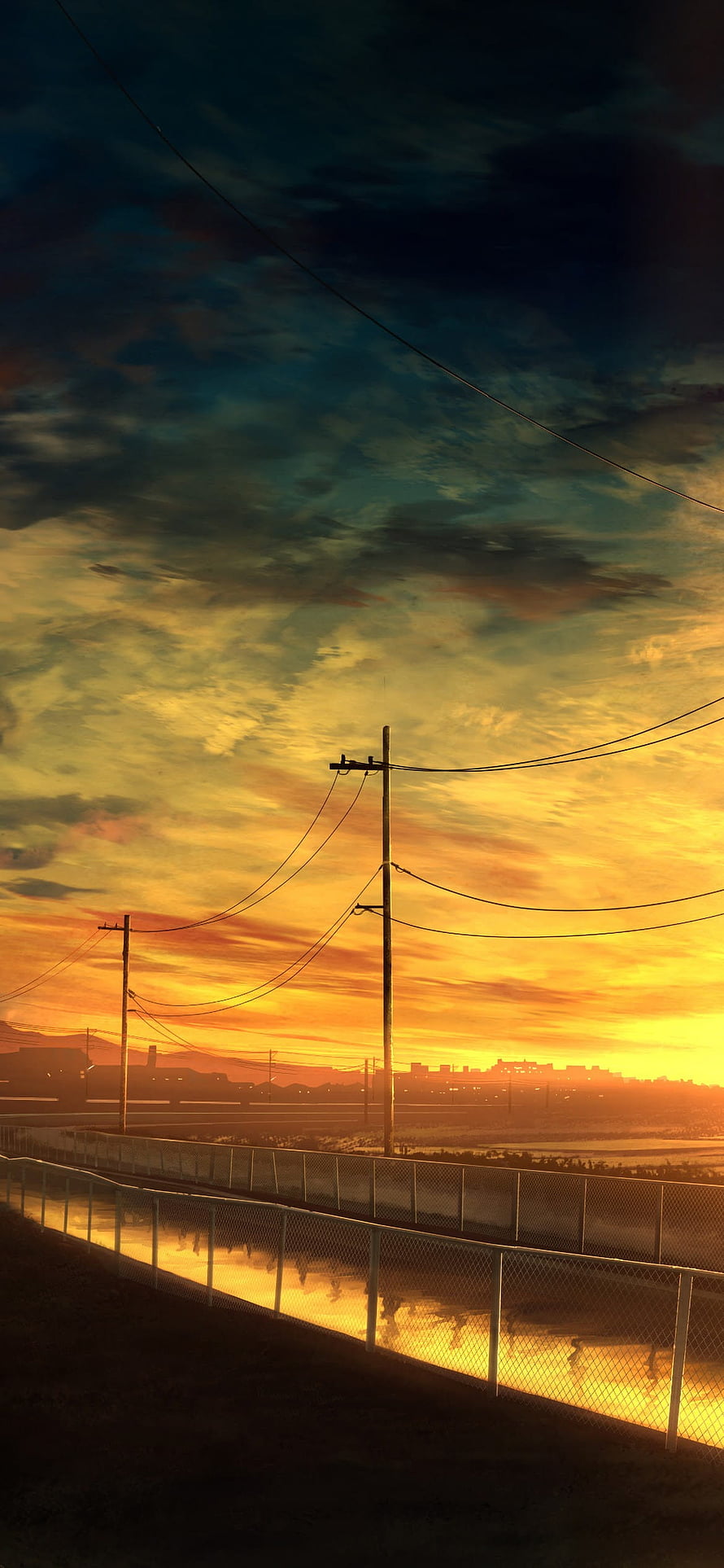 Sunset Sky Over Power Lines And Chain Link Fence HD phone wallpaper