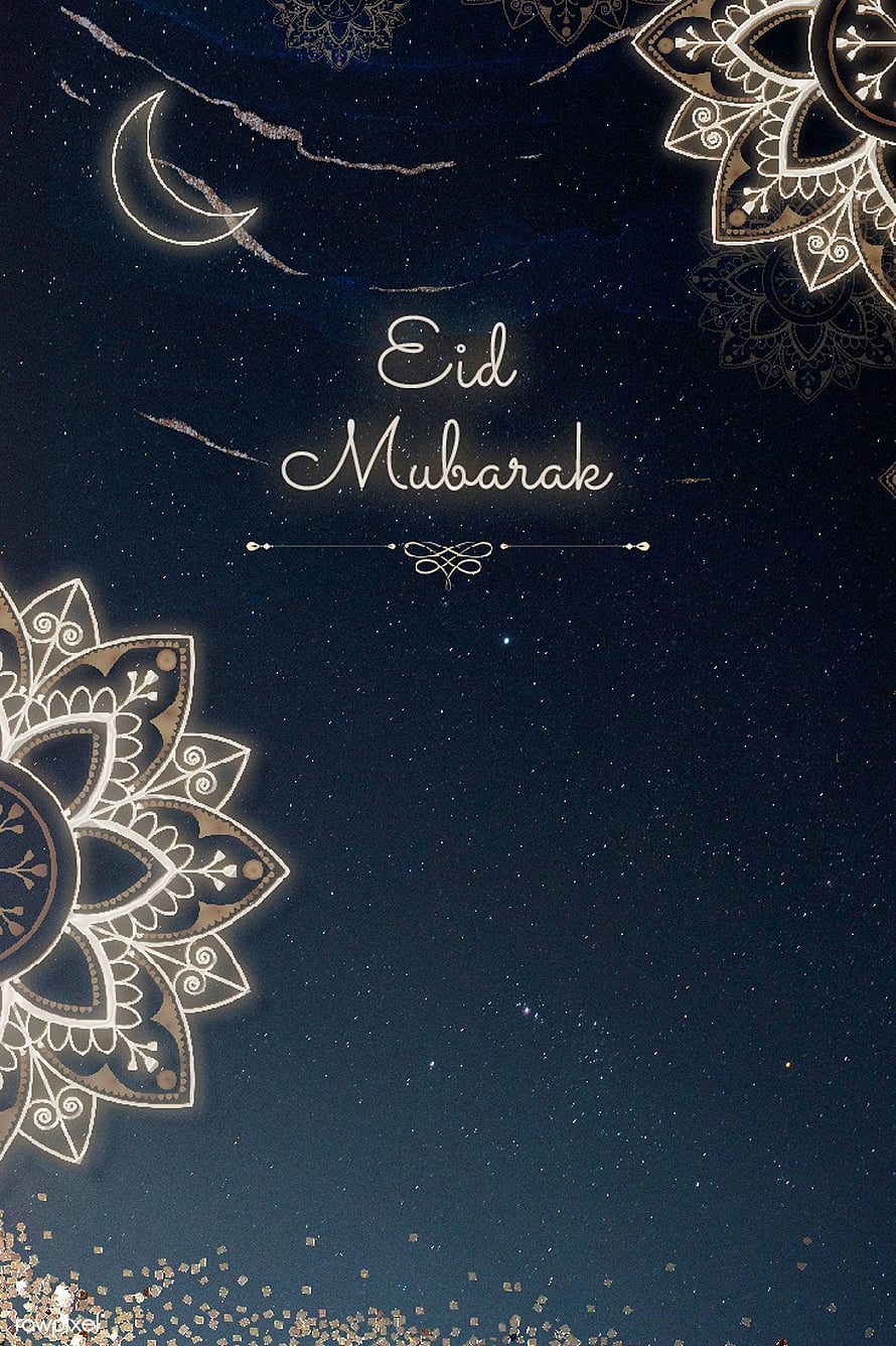 Eid Mubarak Greeting Card with Gold Mandala Patterns and Crescent Moon on Starry Night Sky HD phone wallpaper