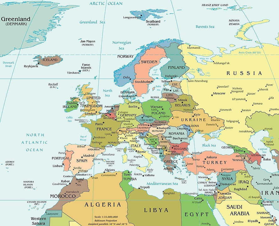 Detailed Political Map of Europe and the Mediterranean Region with Country Borders and Cities HD wallpaper
