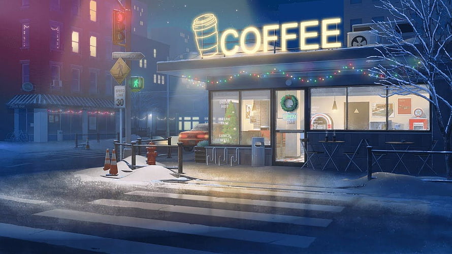 Cozy Winter Night Coffee Shop Street Scene with Neon Sign and Snow HD wallpaper