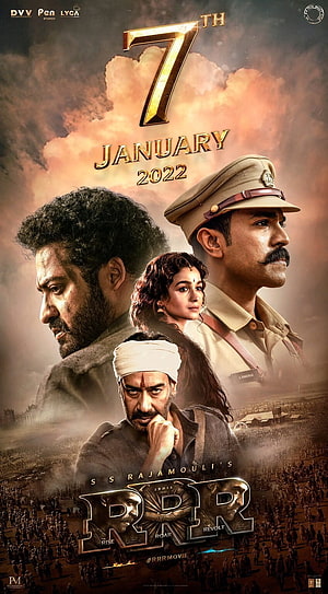 RRR Movie Poster Featuring Main Cast in Dramatic Historical Setting HD phone wallpaper