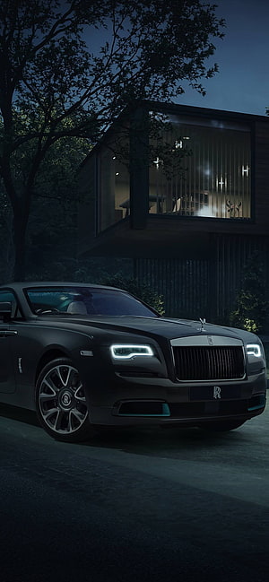 Black Rolls Royce Ghost Parked at Night in Front of Modern Architecture HD phone wallpaper