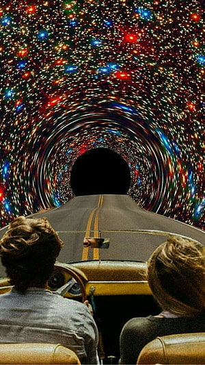 Vintage car driving through a tunnel of colorful lights at night HD phone wallpaper