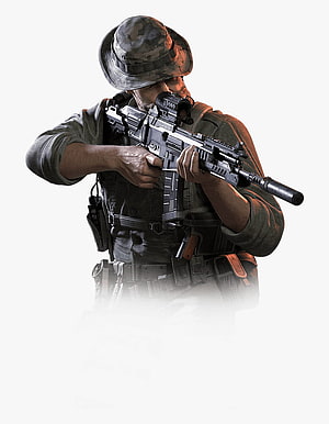 Tarkov character aiming assault rifle with tactical gear and camouflage hat HD phone wallpaper