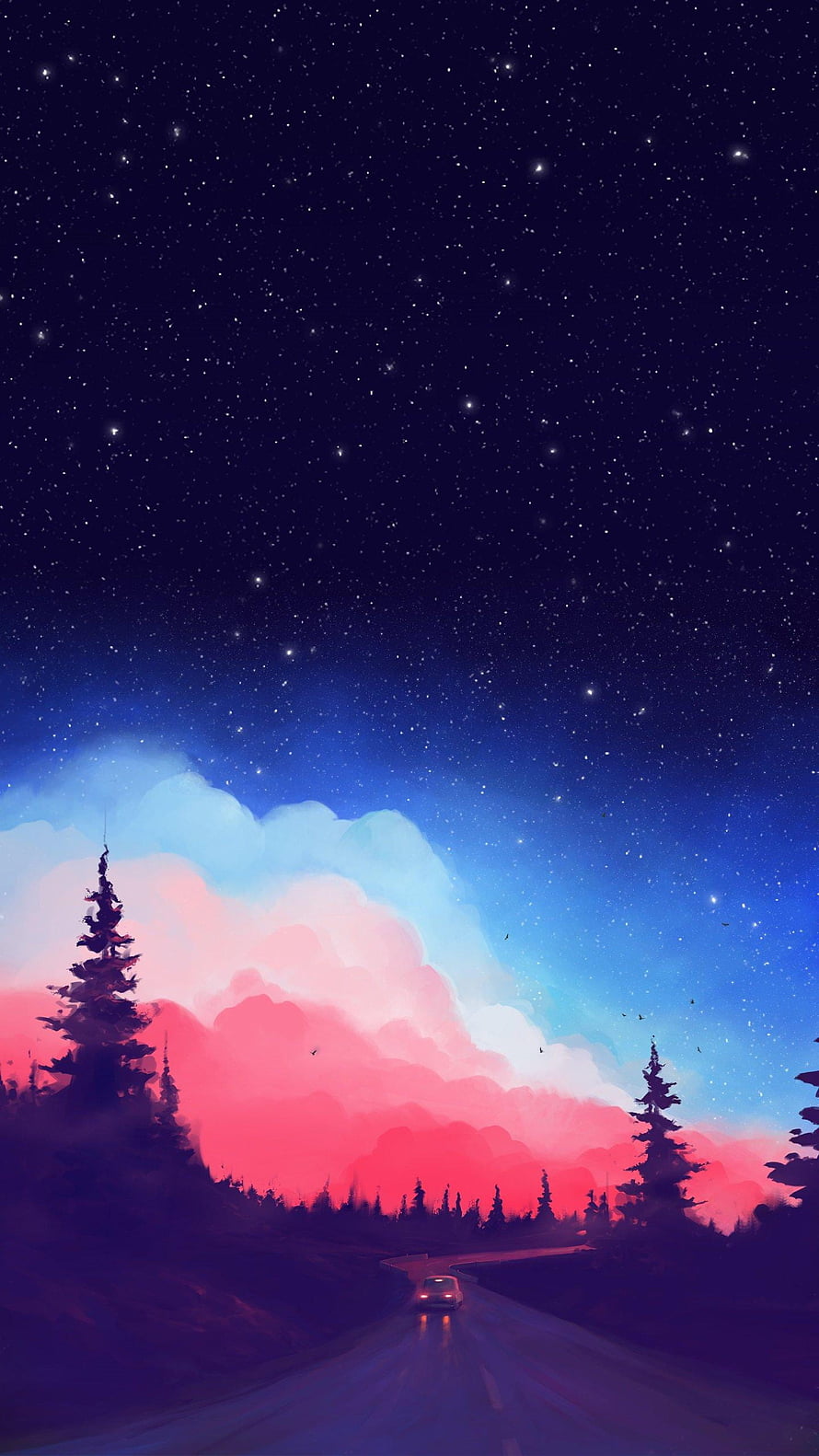 Starry Night Sky Over Winding Forest Road With Pink Clouds and Car Headlights HD phone wallpaper