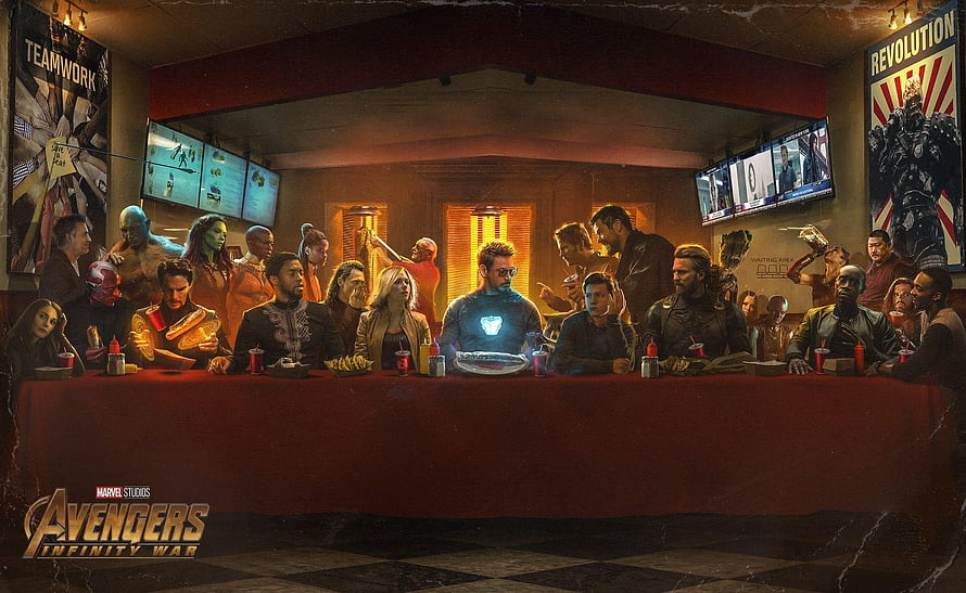 Avengers Infinity War Last Supper Scene with Heroes at Diner Table HD wallpaper