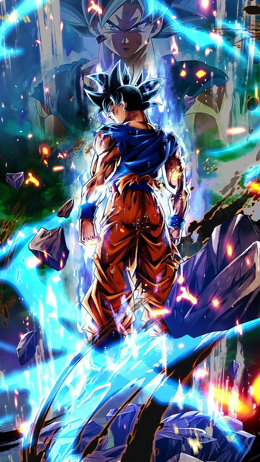 Goku Ultra Instinct Anime Artwork with Blue Energy Aura and Floating Rocks HD phone wallpaper